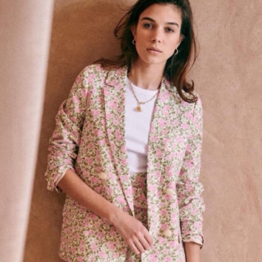 Sézane Christie blazer in a pink green peonies floral linen blend
